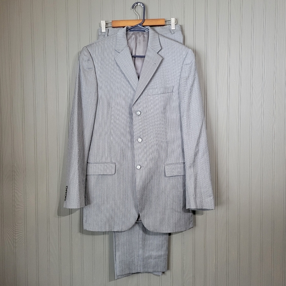 Burberry London Suit Wool Cashmere Vertical Stripe Gray Men's 40L Pants 34x32